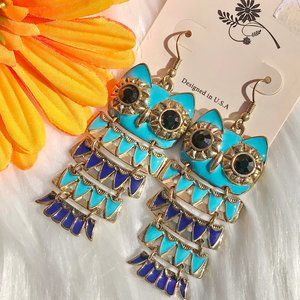 Boho Earrings Owl Goldtone Painted Hanged Drops